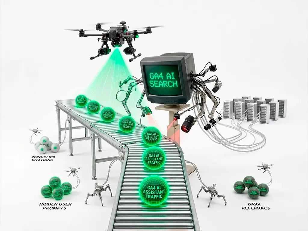 GA4 AI search traffic tracking illustration showing AI assistant referrals, zero-click citations, hidden prompts, and dark referrals